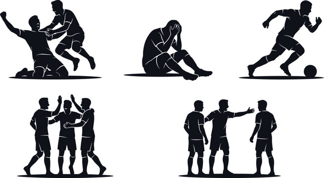 Soccer football player emotion silhouette set with victory celebration defeat sadness and team argument poses