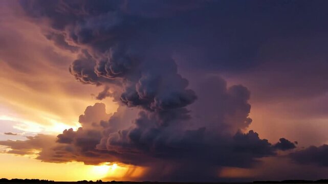 Dramatic supercell storm cloud at sunset with rain showers over horizon cumulonimbus weather