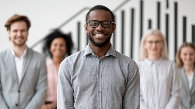 A confident man in glasses stands smiling in the forefront with four diverse colleagues blurred behind him in a modern office setting.