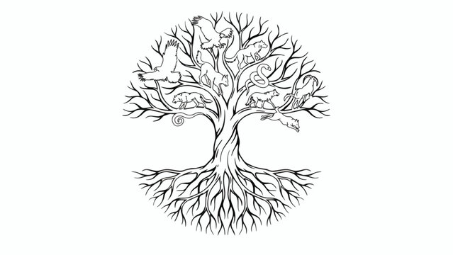 Tree of life line art featuring wild animals and intricate roots