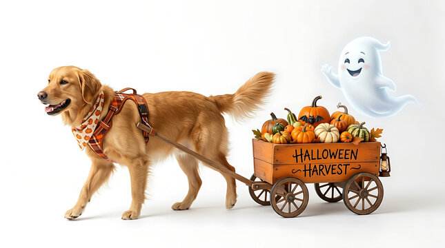 Golden retriever pulling halloween harvest wagon with friendly ghost