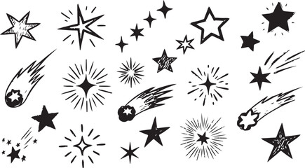 A charming collection of hand-drawn stars, shooting comets, and sparkling light bursts in a black-and-white sketch style. © Mend