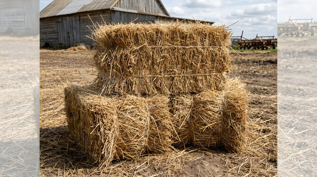 Stack of hay bales in a farm field