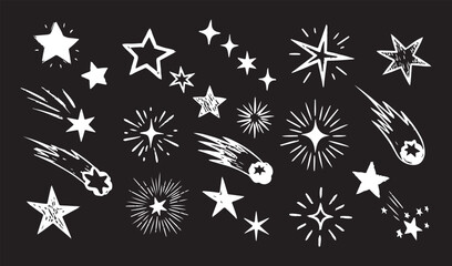 A charming set of hand-drawn stars, shooting stars, and sparkling bursts in a white-on-black sketch style. © Mend