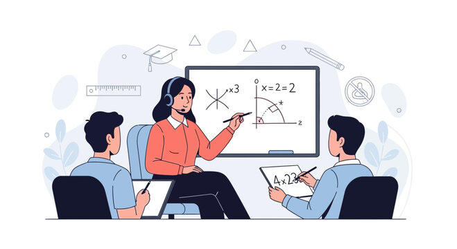Teacher instructing students in math class, online education, virtual learning, geometry, algebra, e-learning concept
