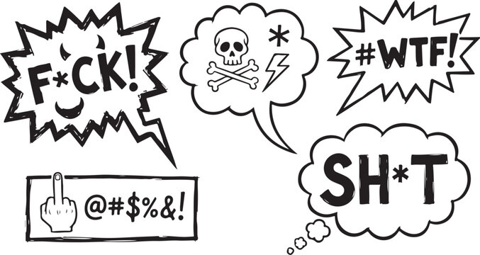 A set of edgy, hand-drawn speech bubbles and icons containing censored profanity, swearing, and expressive symbols, isolated on a white background.