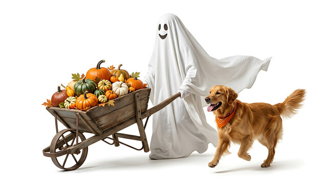 Halloween ghost with golden retriever and pumpkin wheelbarrow