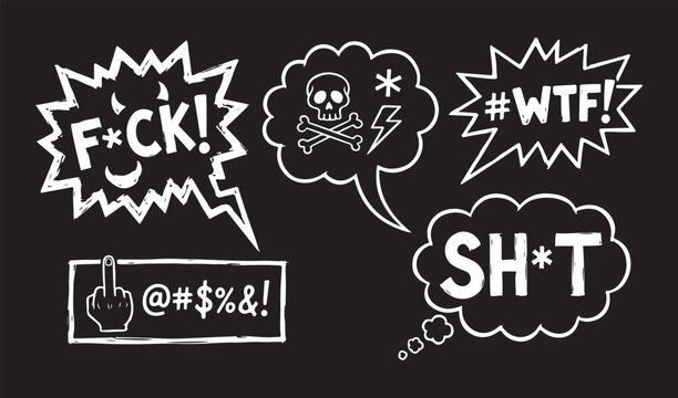 A collection of hand-drawn vector icons featuring various profanities, expletives, and expressive speech bubbles on a black background.