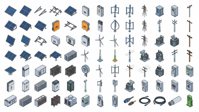 Renewable Energy CAD Symbol Library with Solar Wind and Battery System Icons Technical Vector Set