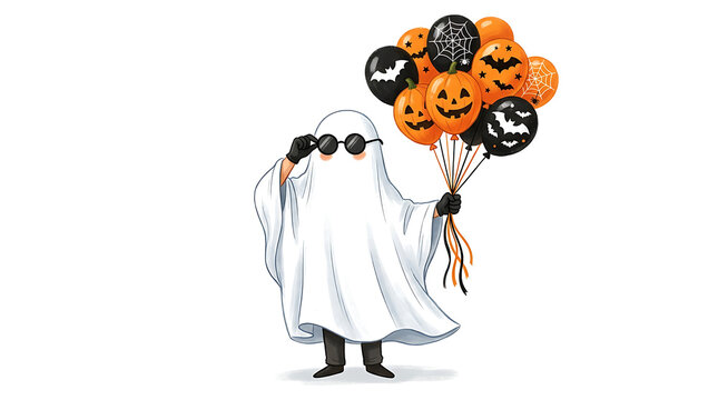 Cool ghost character holding halloween balloons digital illustration