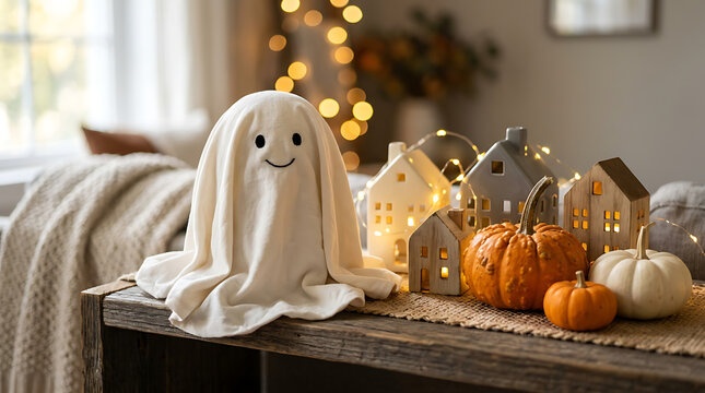 Halloween decorations ghost pumpkins and illuminated houses on wooden surface