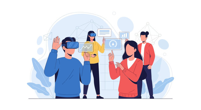 Team Collaborating in Virtual Reality with Data Visualization and Futuristic Technology Interface