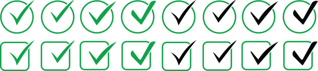 Set of green and black check marks in different styles like circles squares. Green and black tick symbols for correct answers, yes choices, and task completion. Vector set of check mark icons, check b © MDneamul