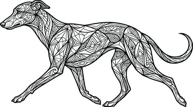 Dog Icon with Ornate Geometric Tribal Line Art Patterns in Black and White for Tattoo Style Vector Design