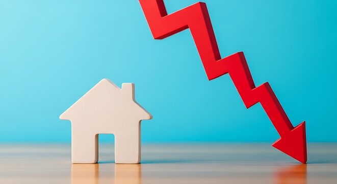 Real estate market crash concept, red falling arrow over small white house model, declining property value and mortgage crisis on blue background