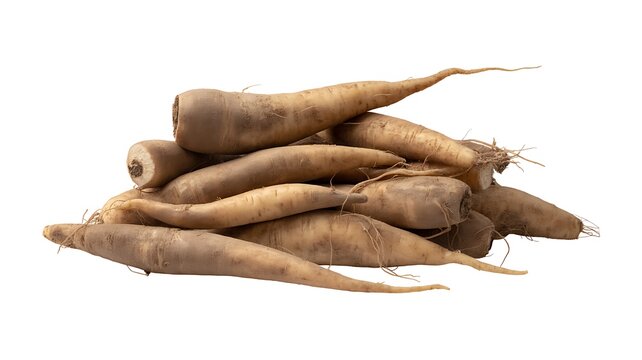 Pile of raw salsify roots isolated PNG, uncooked root vegetables on transparent background, healthy eating and vegetarian food 