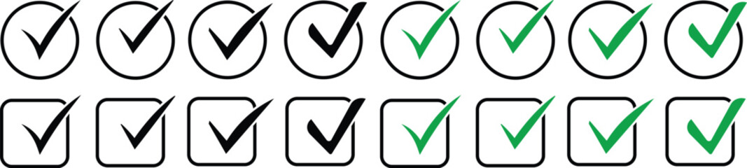 Set of green and black check marks in different styles like circles squares. Green and black tick symbols for correct answers, yes choices, and task completion. Vector set of check mark icons, check b © MDneamul