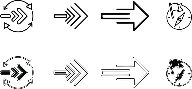WebNavigation and direction icons set compass arrows and circular paths
