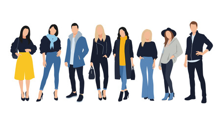 Obraz premium Group of eight fashionable men and women wearing trendy autumn and winter clothes, presented in a stylized flat vector design.