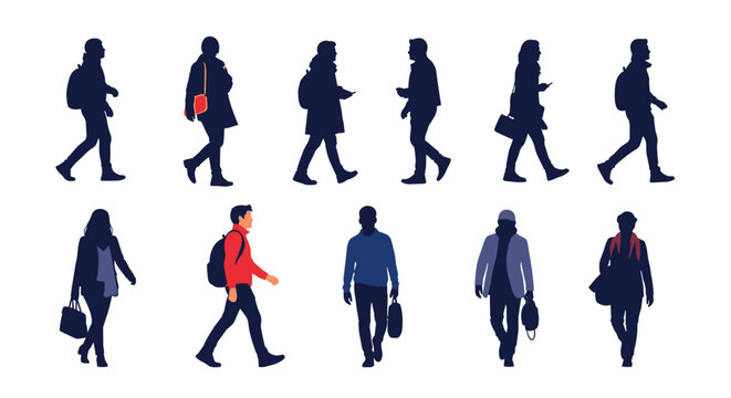 Group of male and female pedestrian silhouettes walking in different directions, featuring one colored character for contrast.