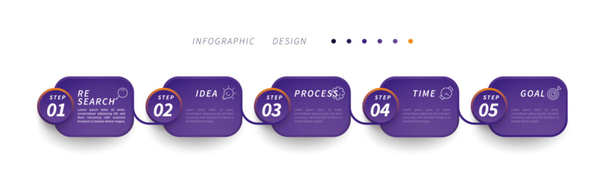 Five step infographic template with purple rounded rectangles featuring icons for business workflow process development