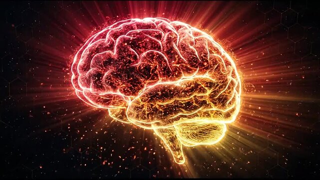 Glowing orange brain with intense light rays background.
