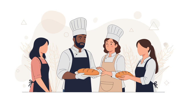 Diverse bakers in chef uniforms presenting freshly baked bread, vector illustration with a modern, minimalist aesthetic.