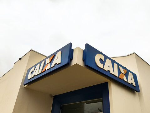 The logo of Caixa Economica Federal (CEF) on the facade of the building, on June 20, 2026, in Ivinhema, Mato Grosso do Sul, Brazil.