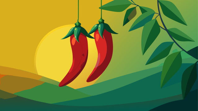 Red chili peppers hanging on tree branch at sunset
