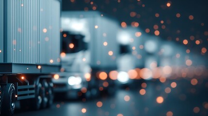 Obraz premium Nighttime highway scene featuring multiple large trucks with bokeh light effects creating a dynamic and vibrant atmosphere.
