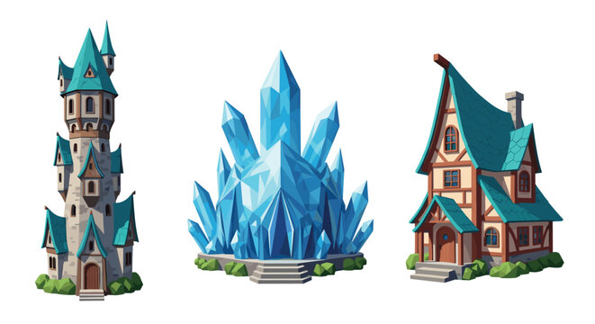 Collection of fantasy assets featuring a stone castle tower, a giant magic blue crystal, and a medieval cottage. Perfect for game environment design, RPG maps, and strategy illustrations.