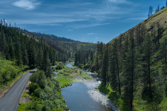 drone photo of the Potlatch River near Kendrick and Juliaetta ID