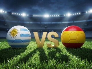 Fototapeta premium Uruguay vs Spain Football Match Concept: National Teams Soccer Balls with Flags on a Stadium Field at Night