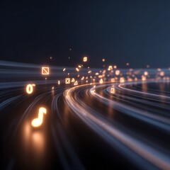 Obraz premium Digital flux, glowing data stream with musical notes, and geometric shapes convey connectivity