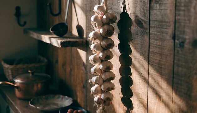 A garlic bulb braid hanging on a wooden wall sunlight streaming in rustic kitchen background warm earthy tones