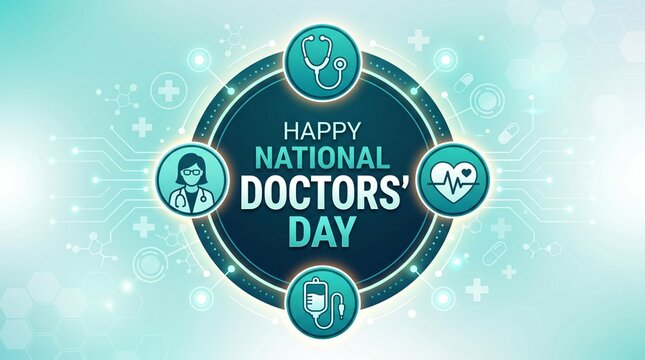 Happy national doctors day greeting with medical icons