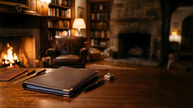 Leather journal and pen on desk in a cozy library with fireplace view