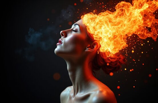 Woman with flaming hair in profile on dark background representing giga power
