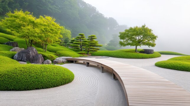 A serene minimalist Japanese garden, meticulously raked white gravel forming concentric patterns, dark moss covered rocks and pruned bonsai trees