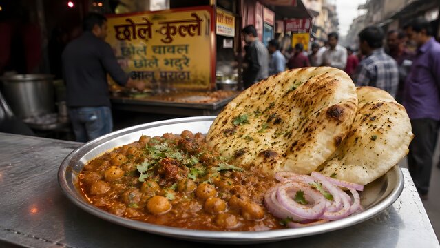 Street food plate of chole kulche with chickpeas, traditional
