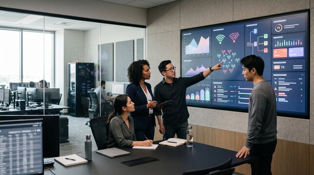 AI Threat Detection Team Reviewing Incident Triage In Corporate SOC