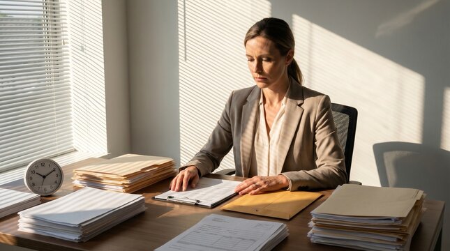 Employee Burnout Desk With HR Paperwork In Harsh Sunlight