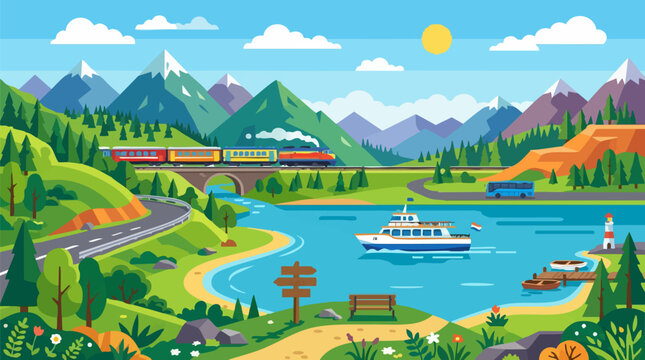 Colorful Travel Adventure Landscape with Mountains, Lake, Train, and Bus