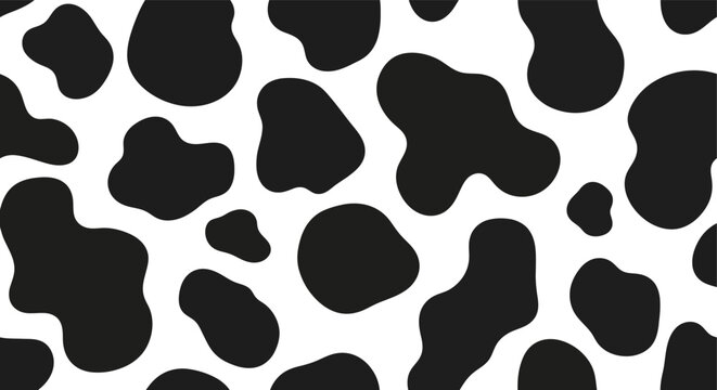 Seamless cow print pattern with black spots on white background for textile design.