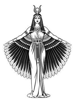 Ancient Egyptian Goddess Isis. Black and white vector clipart isolated on white.