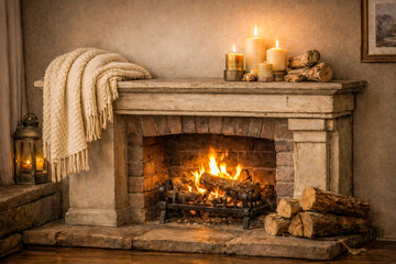 Fototapeta premium Warm Cozy Fireplace Interior with Candlelit Ambience