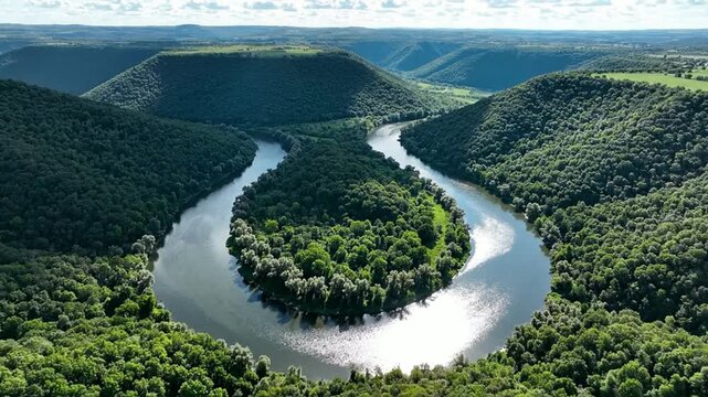 Aerial view of river meander through lush green forest valley, scenic nature landscape drone horseshoe