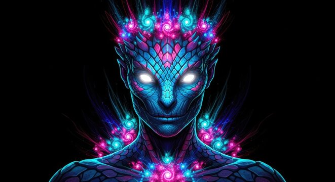 Digital humanoid portrait with neon pink energy aura.