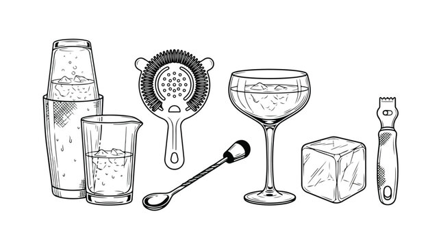 Cocktail Bar Tools and Glassware Black and White Engraving Set