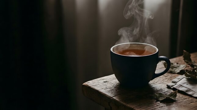 Dark moody scene of a steaming tea mug on an aged wooden table providing a sense of quiet contemplation and comforting warmth during a cold morning